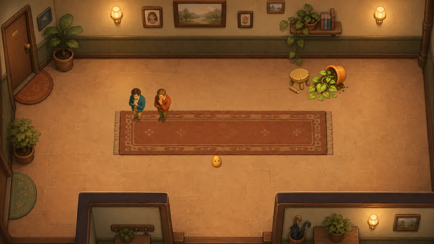 Potato examining an incident in an illustrated hallway