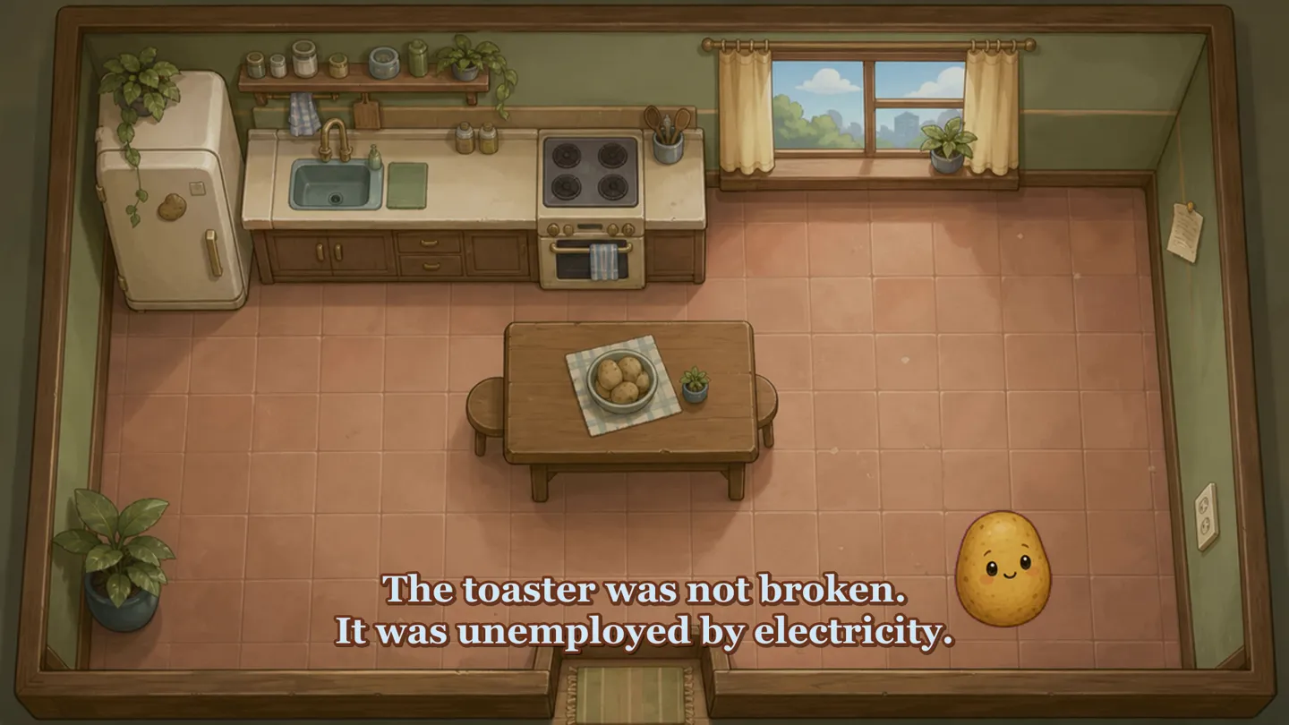 Potato investigating a warm illustrated kitchen
