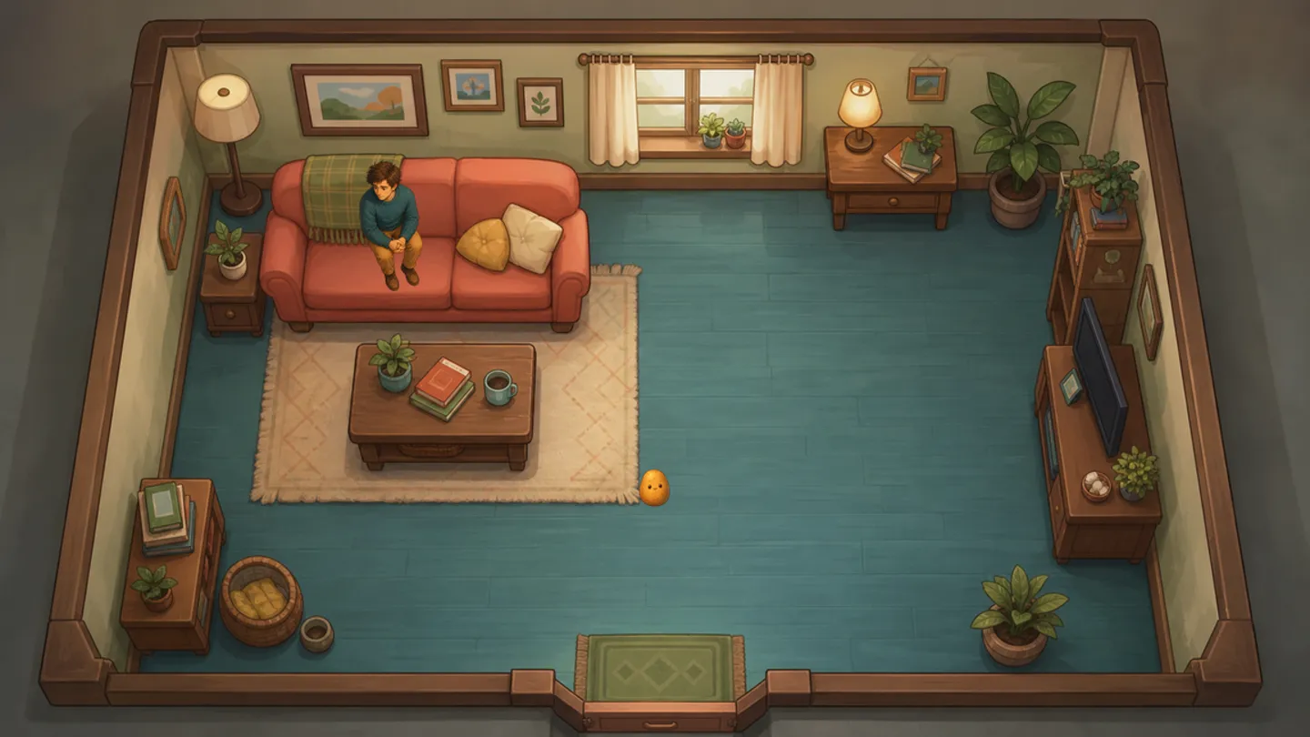 Potato observing a human in an illustrated living room