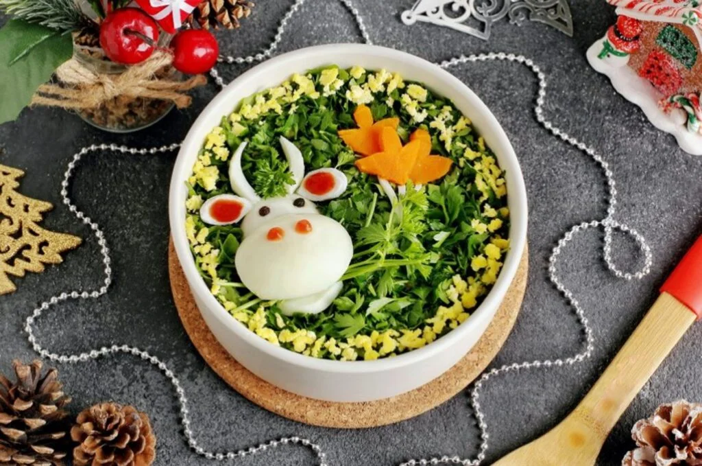 close up of funny vegetable and egg bowl
