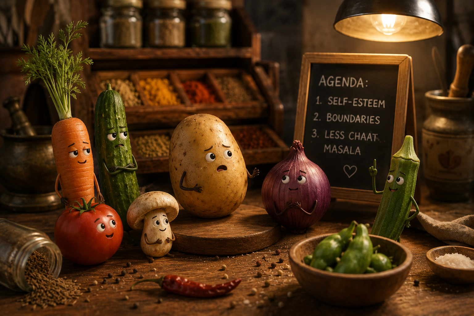 A warm, whimsical kitchen scene featuring expressive cartoon vegetables including a potato, carrot, onion, cucumber, okra, mushroom, and tomato gathered around a wooden table near Indian spices and a chalkboard discussing self-esteem and boundaries in a cozy evening setting.