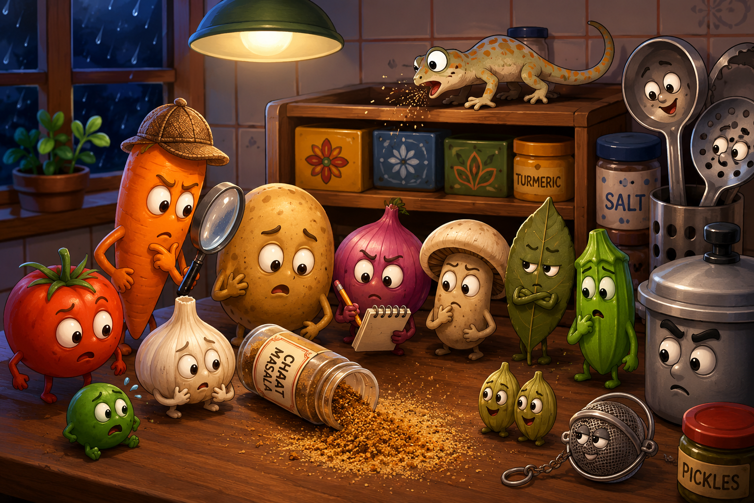 A whimsical cartoon kitchen scene featuring a potato, carrot, onion, mushroom, garlic, tomato, cucumber, and other animated ingredients gathered around a spilled jar of chaat masala while a sneezing gecko sits on a spice shelf above them on a rainy night.
