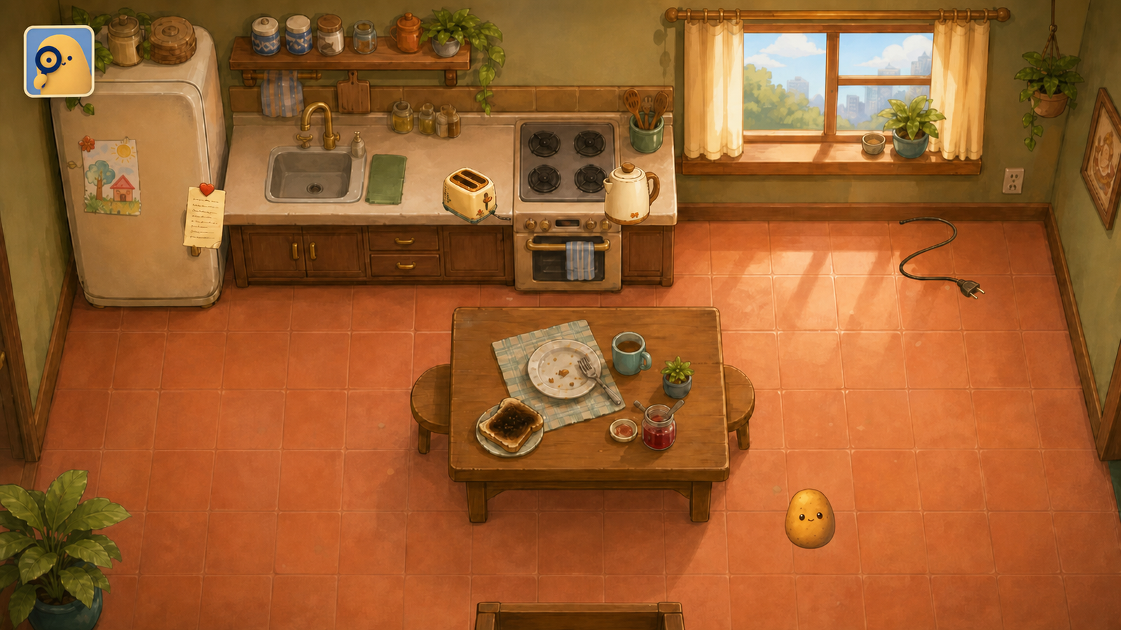 Potato investigating a toaster, kettle, loose plug, and breakfast table in a sunlit kitchen