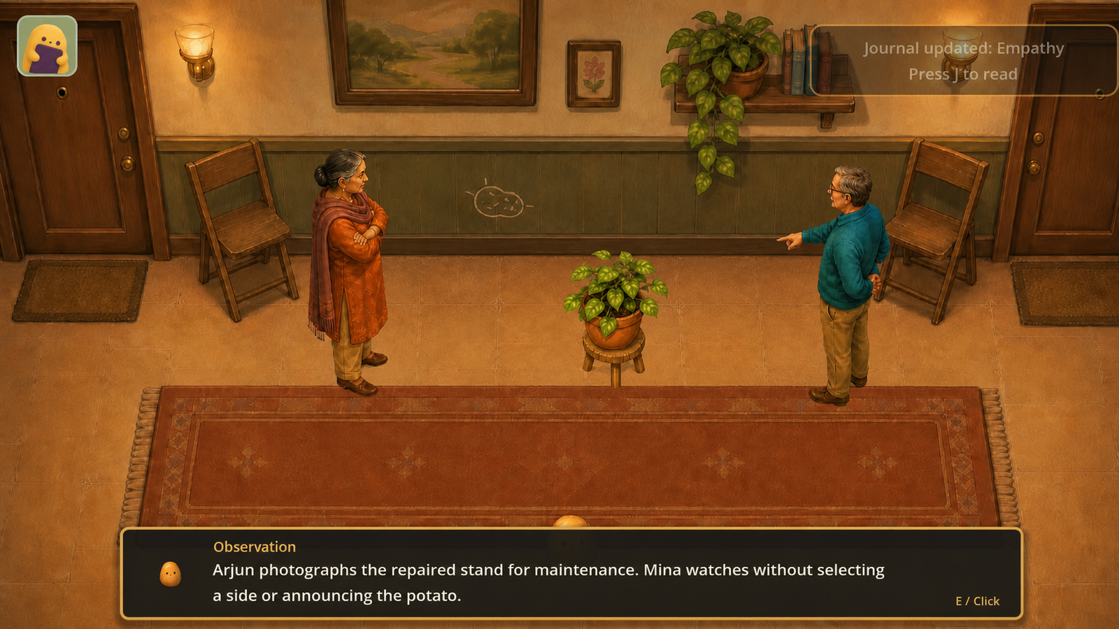Two neighbours beside a repaired potted plant while the potato records an empathy observation