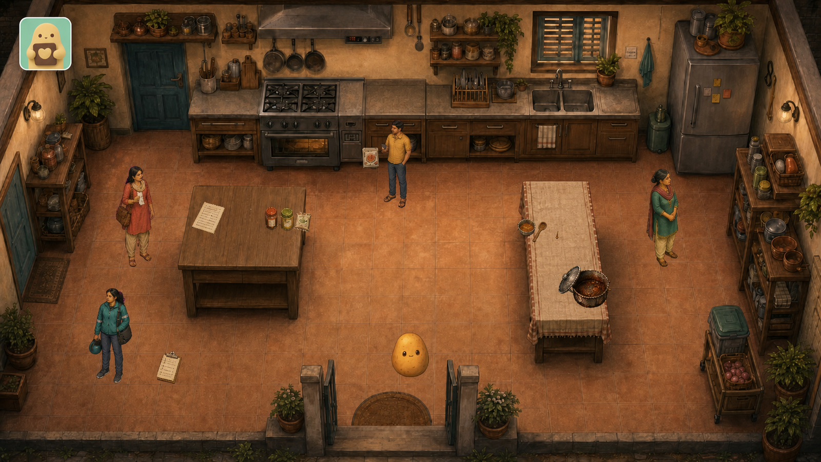Residents gathering in a large illustrated community kitchen while the potato observes