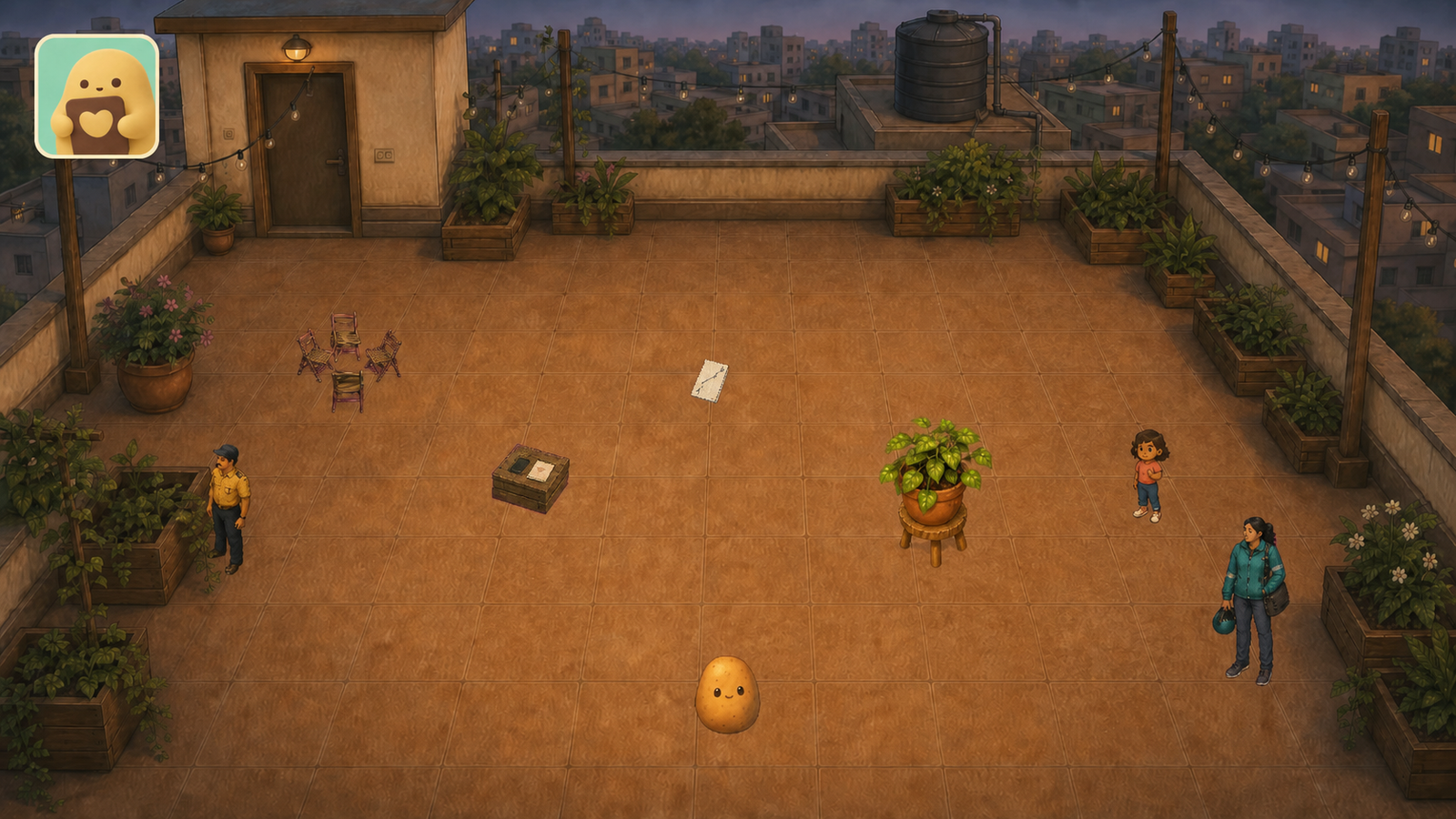 The potato and several residents on a plant-filled apartment rooftop at dusk