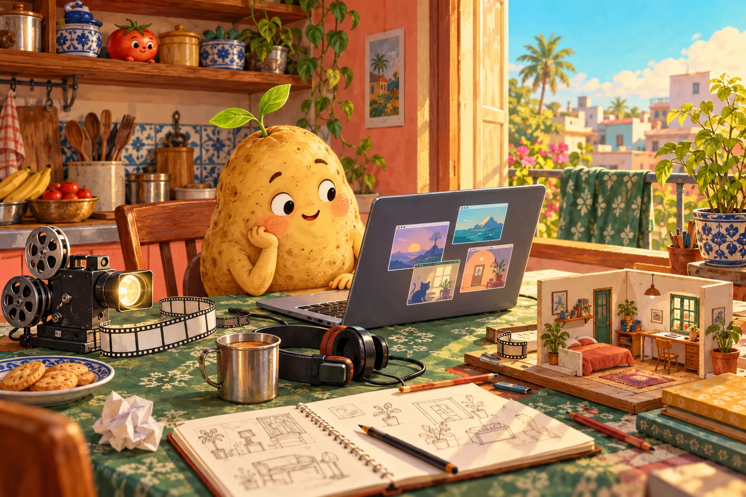 A curious potato explores creative projects at a kitchen desk with a laptop, miniature projector, headphones, and a cup of tea.