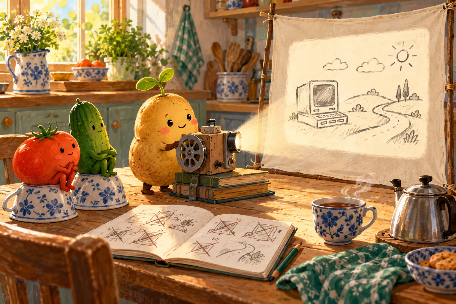 A potato sets up a tiny kitchen cinema while a tomato and cucumber watch from teacup seats.
