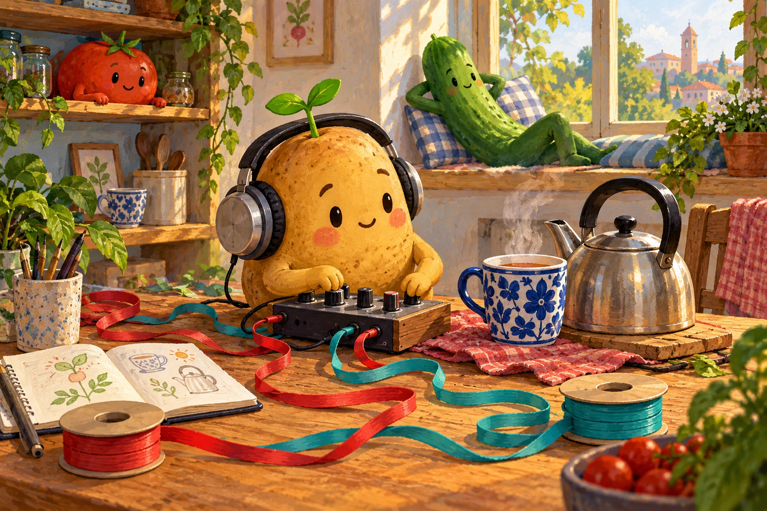 A potato wearing headphones adjusts a small audio mixer beside a kettle and a cup of tea.