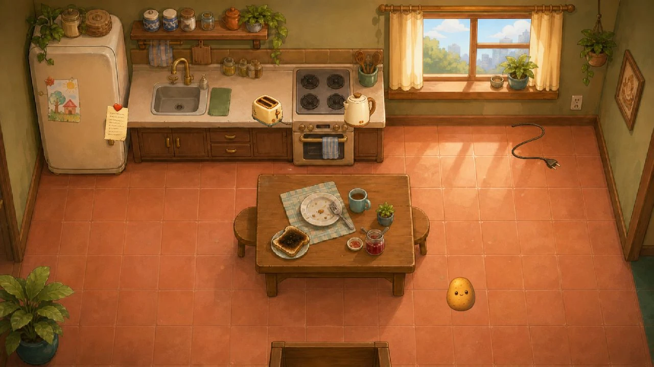 Spuddenly Human gameplay: a tiny potato explores a kitchen with a toaster and a loose plug.