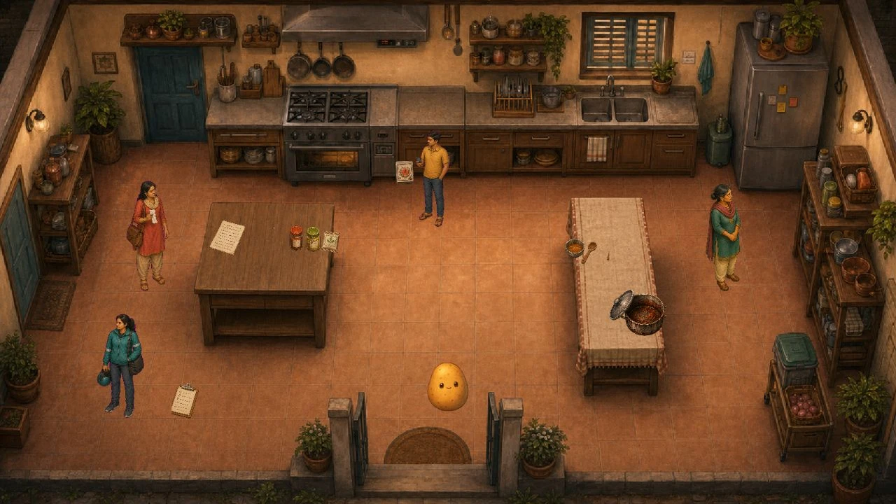Spuddenly Human gameplay: the potato and residents gather in the community kitchen.